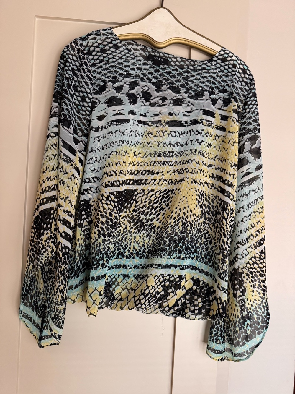 Alfani Black, Yellow & Aqua Printed Long-Sleeve Blouse Large